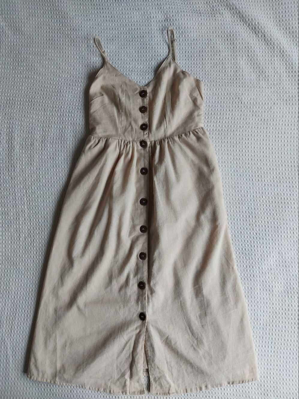 Cotton-Linen Blend Beige Button-Front Dress